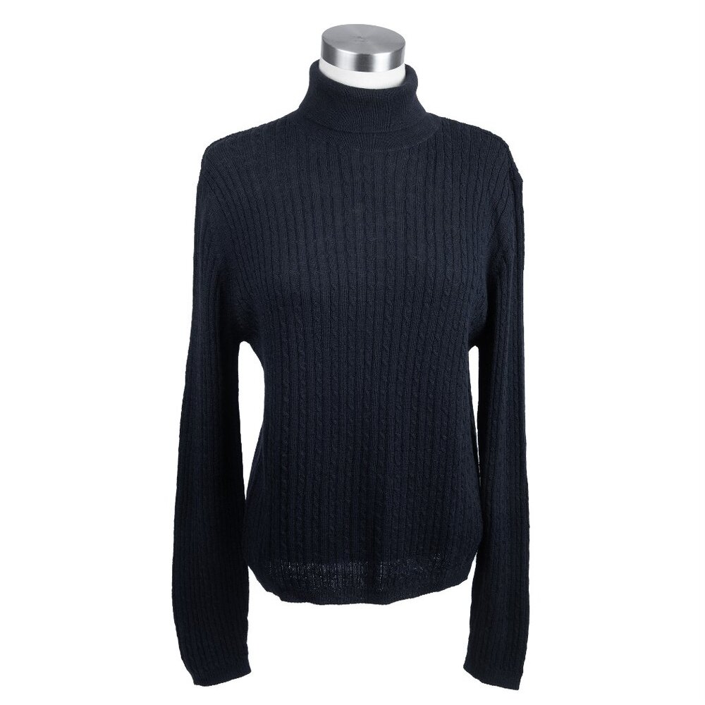 Laura Ashley Pure New Wool Turtleneck Cable Knit Sweater Navy - Size Large